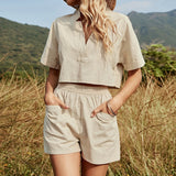 Znbbw Women's Summer 2024 New Vacation Casual Linen Two Piece Set Fashion Short Sleeve Shirt+Beach Short Pants Holiday 2 Piece Suits