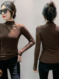 Znbbw New Half Turtleneck Long Sleeve Diamond Mesh T-shirt Women's Slim Fit Base Black TShirts BH9739