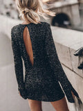 Znbbw Long Sleeve Sequin Mini Skirt for Women Elagant Slim Backless Short Dresses Autumn Spring Lady Solid Sexy Party Skirts