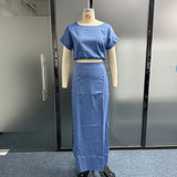 Znbbw Women Two Piece Set Fashion Solid Short Sleeve Crew Neck Top Casual High Waist With Pockets Skirt Sets High Streetwear