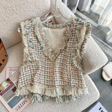 znbbw Tweed Vest Slim Crop Tops Autumn Colete Feminino V Neck Knitted Plaid Vest Sweater French Waistcoat Ruffled Blouse
