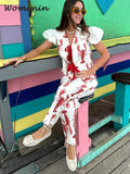 Znbbw Cartoon Lobster Women Pants Sets Lace Up Short Puff Sleeve Shirts Wide Leg Trousers 2024 Summer Casual Lady 2 Pieces Suit