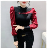 Znbbw Women Full Puff Sleeve Beading Cotton T-shirts Girl Patchwork Contrast Color T Shirt Female Autumn Top