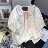 Znbbw Sweet Blouses Peter Pan Collar Puff Sleeve Tops Lace Up Embroidery Shirts Summer Preppy Style JK Women's Clothing 2024