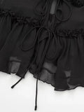Znbbw TRAF Sexy Black Mesh See-Through Crop Tops V-Neck Front Tie Up Ruffles Camis Summer Holiday Backless Vest Tops