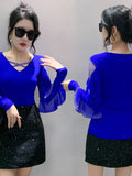 Znbbw Spring Summer T-shirts Women V-neck Ruffles Long Sleeve Solid Mesh Elastic Tops Tees Female Fashion Diamonds T Shirt