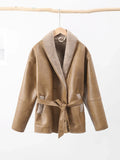 Znbbw Winter Leather Jacket Women 2024 New Female Vintage Lapel Faux Wool Belt Coat Thicken Warm Oversize Highstreet Outwear Top