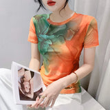 Znbbw Located Printing Floral Mesh Top Women O Neck Short Sleeve T Shirts Lady Elegant High Stretchy Tee T-Shirt