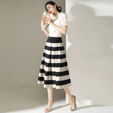 Znbbw Big Black White Striped Baggy High Waist A-Line Skirts For Women Summer Vintage Casual Streetwear Pleated Long Skirts