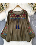 Znbbw Women Spring Embroidery Blouse Flower Vintage Ethnic Lantern Long Sleeved O-Neck Loose Cotton Linen Shirt Casual Top D5082