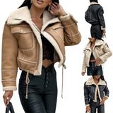 Znbbw Women PU Patchwork Warm Plush Jacket Fashion Winter Long Sleeve Zipper Short Coats Streetwear with Pockets Outwear