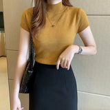 Znbbw Summer Half Turtleneck Slim Knitted T-shirt Women Elegant Solid Short Sleeve Casual Versatile Pullover Casual Skinny Tops