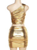 znbbw Summer Sexy Crop Top And Skirt Sets Club Outfit For Women 2023 One Shoulder 2 Two Piece Sets Female Silver Matching Sets