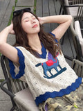 Znbbw Sweet Knitwears Vest Contrast Color Cartoon Embroidery Sweater Hollow Out V Neck Sleeveless Crop Tops Summer Thin Jumpers