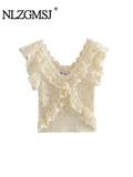 Znbbw TRAF Floral Hollow Out Sleeveless Lace Summer Blouse Women Ladies Basics Tops Female