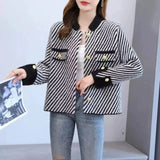 Znbbw Mink Fleece Small Fragrant Cardigan Women Autumn/Winter Stripe Top Loose and Versatile Foreign Short Coat Female