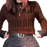 Znbbw Women Autumn Fashion Cropped Knitted Tops Solid Color Cutout Round Neck Long Sleeve Shirts Spring Exposed Navel Streetwear