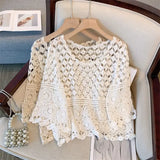 Znbbw crochet hollow lace western-style half sleeved top, women's loose versatile cover up, sun protection , beach shirt