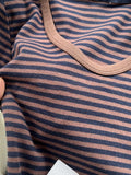Znbbw Brown Striped V Neck T-shirts Women American Fashion Streetwear Cotton Long Sleeve Tees Casual Summer Classic Slim Tops