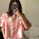 Znbbw Satin White Short Shirts 2024 Spring Summer Fashion Loose O-neck Puff Sleeves Female Blouses Lady High Street Tops New