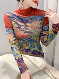Znbbw Women's Fashion Printing Long Sleeve Half High Neck Mesh T-shirts Female Positioning Flower T Shirt FF0966