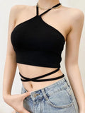 Znbbw Women Halter Tie Back Cropped Camisole Halter Neck Tie Waist Tank Top