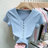 Znbbw T Shirts Women V-Neck Pearl Buttons Cropped Tshirt Tee Lady Solid Slim Cardigan Crop Top for Female