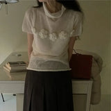 Znbbw Floral Patchwork Ropa Mujer Half High Collar Tops Short Sleeve T Shirt Korean Chic Camisetas Summer Knitted Clothes Women