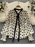 Znbbw French Polka Dot Blouse Design Sense Ruffled Slim Sweet Streamer Age-reducing All-match Chiffon Shirt Tops Female D0352