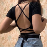 Znbbw Women Sexy Harajuku Open Back Crop Tops 2023 Summer Ladies Bandage Lace-up Backless White Tank Tops High Street Slim Halter Tops