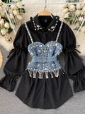 Znbbw Autumn New Blouse Women's Diamond Beaded Puff Sleeve Blusa Top Tassel Pearl Sling Waistcoat Two-piece Stacking Shirt C813