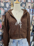 Znbbw Twist Knitted Hooded Cardigan Women Autumn Casual Cotton Ribbed Trim Zip-up Sweater Vintage Streetwear Cropped Tops Coat