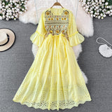 Znbbw Ethnic Style Embroidery Hollow Round Neck Trumpet Sleeve Waist A-line Dress Seaside Holiday Swing Vestidos Women D1233