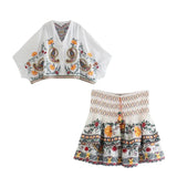Znbbw Sleeve Women Autumn Embriodery Paisley Print Skirt Set Outfits V Neck Button Tiered Mini Skirt Dress Suit Vintage Set