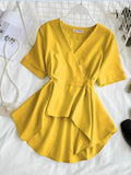 Znbbw Women's Shirt Korean Fashion Black Red Solid Color V-neck Short Sleeve Ruffled Tops Blouses GD471