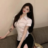 Znbbw Elegant Women Folds Shirt Fashion Summer Slim Female Sexy Tops Y2K Korean Casual All Match Solid White Shirts New