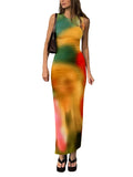 Znbbw Sleeveless Backless Summer Maxi Dress Women Tie Dye Print Split Slim Long Dress Elegant Bodycon Party Dresses Vestido