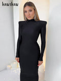 Znbbw Shoulder Padded Long Sleeve Bodycon Green Party Club Maxi Long Dress 2023 Spring Autumn Women Fashion Elegant Clothes