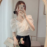 Znbbw Vintage Blouses V Neck Puff Sleeve Bandage Pleated Plaid Shirts Summer Female Slim Crop Top Chic All Match Women Clothes