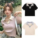 Znbbw Women's Tops Korean Version Contrast Color Turndown Collar Casual  Versatile Short-Sleeved  Tee T Shirt