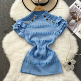 Znbbw Ruffles Short Sleeve Buttons Sweater Jumpers Girls Stretchy Chic Sweaters Pullovers Tops Women Knitted Tee Shirts