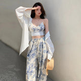 Znbbw Women Fashion Summer Koran 2 Pieces Pant Sets Elegant Floral Print Sleeveless V-neck Tanks Tops Pants Kawaii Vacation Outfits