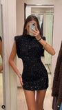 Znbbw Long Sleeve Sequin Mini Skirt for Women Elagant Slim Backless Short Dresses Autumn Spring Lady Solid Sexy Party Skirts