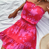 Znbbw Floral Print Strapless Dress for Women Summer Dresses 2024 New Casual Single Breasted Lace-up Sexy Bandeau Mini Dress