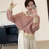 Znbbw Sweater Female 2024 Korean Women Autumn Academy Sweater Loose and Slim Versatile Striped Top Long Sleeve Knit Sweater