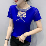 Znbbw Fake Diamonds O Neck T Shirts Crossed Hollow Out Summer Mesh Tops Lady Stretchy Slim Short Sleeve Chic Tshirt BH5067