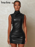 Znbbw Women Party Club Pu Leather Bodycon Streetwear Short Mini Dress 2023 Summer Fall Clothing Wholesale Items For Business