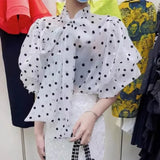 Znbbw Bow Shirts & Blouses Contrast Dot Print Blusas 2024 New Puff Sleeve Camisas Korean Ropa Mujer Spring Summer Tops