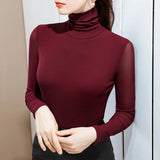 Znbbw S-4XL Women Turtleneck Slim Soft Full Sleeve T Shirts Lady Mesh Elegant Elastic Tops Tees For Women