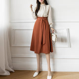 Znbbw Women A-Line Skirts Elegant Ruffles Waist Bow Sashes Casual Pleated Skirt Office Lady Vintage Midi Skirts Jupe Faldas Mujer 2023